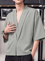 Men's Japanese Zen Beach Vacation Deep V-Neck Cross Overlap Shirt SKUL82436