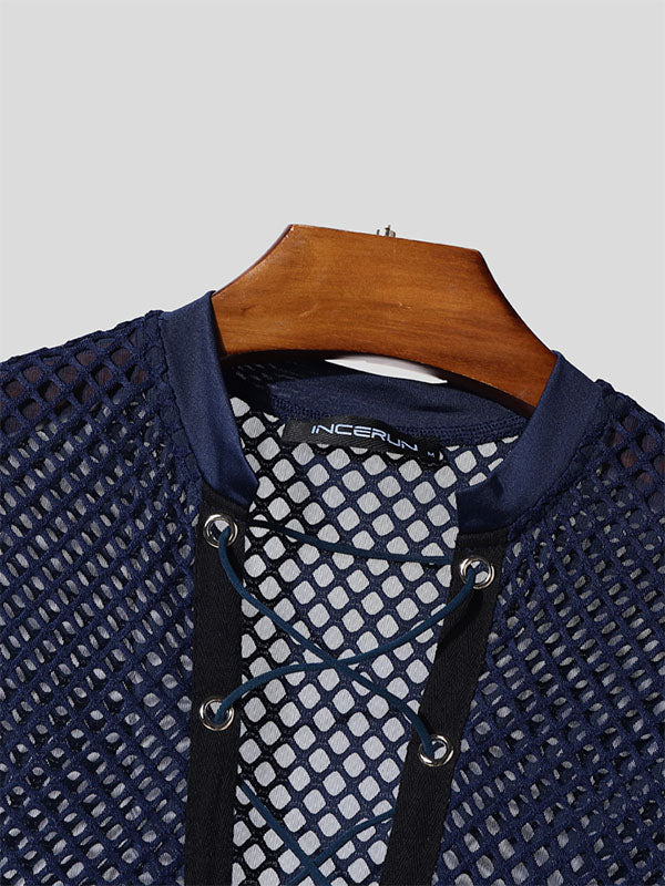 Men's Sheer Mesh Lace-Up Cross Cropped Short Sleeve T-Shirt SKUL16796