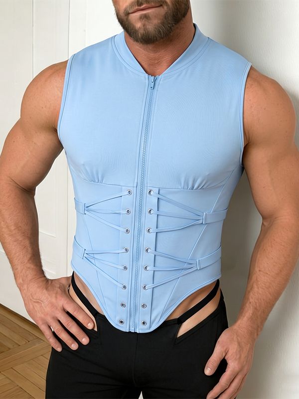 Men's Avant-Garde Deconstructed Corset-Lacing Zippered Utility Tank SKUL69065