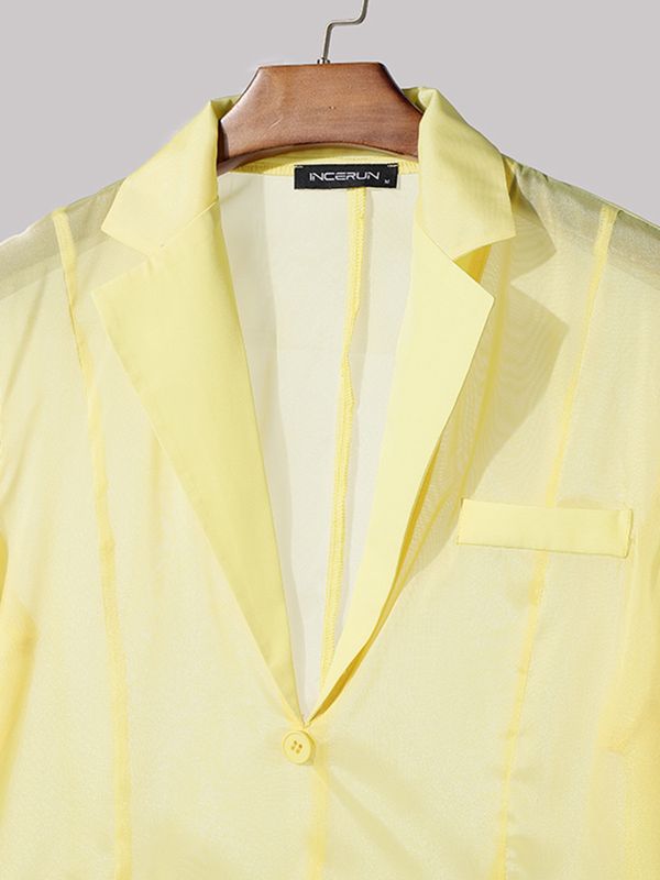 Men's Avant-Garde Sheer Organza Mesh Notch Lapel Asymmetric Split Short Sleeve Blazer SKUL58779