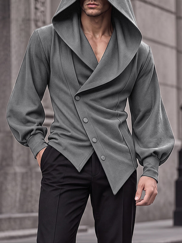 [Pre-order] Men's Avant-Garde Darkwear Nightclub Party Drape Hooded Asymmetric Wrap Bishop Sleeve Cardigan SKUL89219