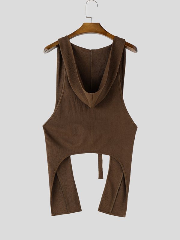 Men's Avant-Garde Pleated Hooded Deep Cutout Front Buckle Longline Tank SKUL64148