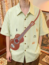 Men's Vintage Striped Guitar Print Turn Down Collar Dropped Shoulder Short Sleeve Shirt SKUL74461