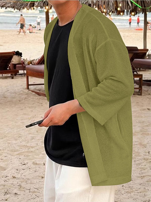 Men's Solid Color Textured 3/4 Length Sleeve Cardigan SKUL25829