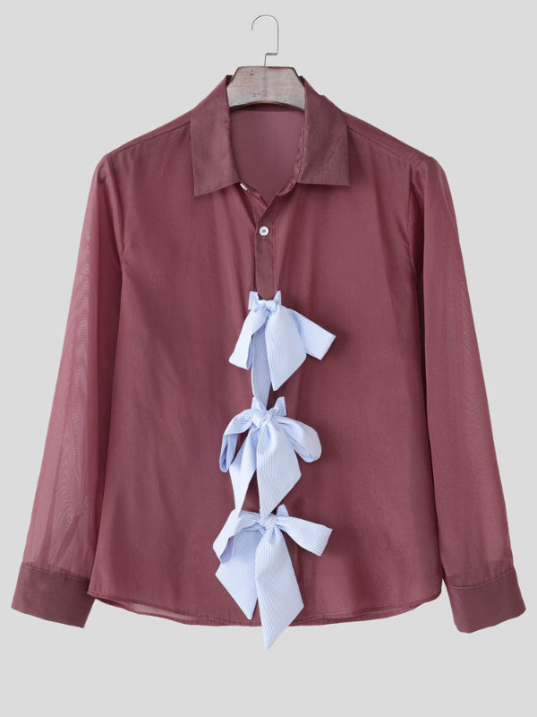 Men's Striped Lace-Up Patchwork Sheer Chiffon Long Sleeve Shirt SKUL23734