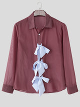 Men's Striped Lace-Up Patchwork Sheer Chiffon Long Sleeve Shirt SKUL23734