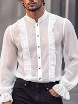 Men's Victorian Romance Sheer Chiffon Ruffled Mandarin Collar Shirt SKUL79733
