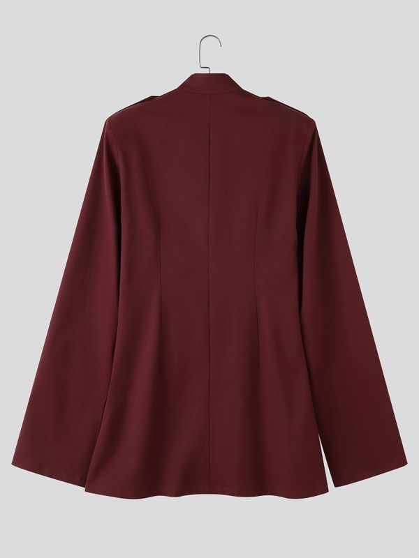 Men's Avant-Garde Runway Slit Cape Sleeve Gold Button Long Sleeve Stand Collar Knee Length Blazer SKUL81218