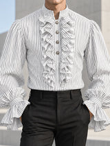 [Pre-order] Men's Vintage Dandy Stage Runway Ruffle Jabot Front Puffed Lantern Sleeve Striped Shirt SKUL89231
