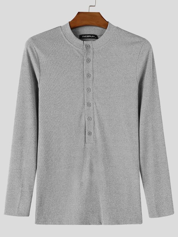 Men's Smart Chic Daily Commute Multi-Button Stand Collar Textured Slim T-shirt SKUL84625