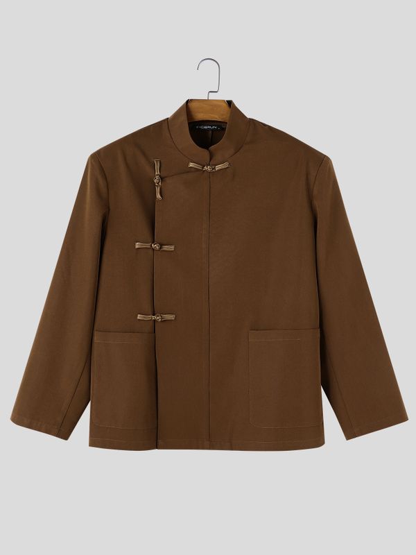 Men's Neo-Chinese Chic Evening Gala Frog Button Stand Collar Asymmetric Slanted Hem Blazer SKUL85969