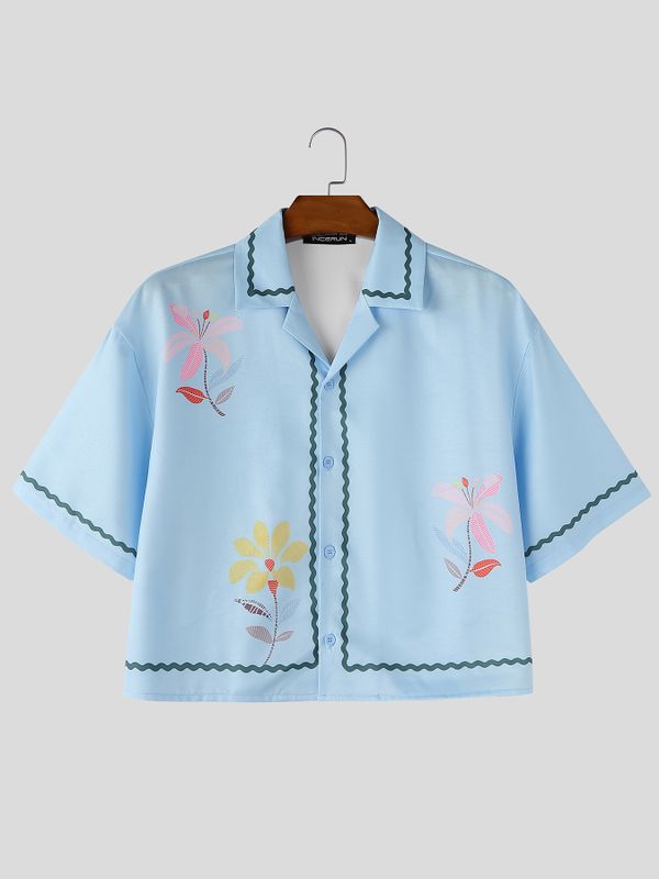 Men's Retro Floral Print Wavy Trim Cropped Camp Collar Shirt SKUL74582
