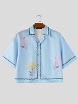 Men's Retro Floral Print Wavy Trim Cropped Camp Collar Shirt SKUL74582