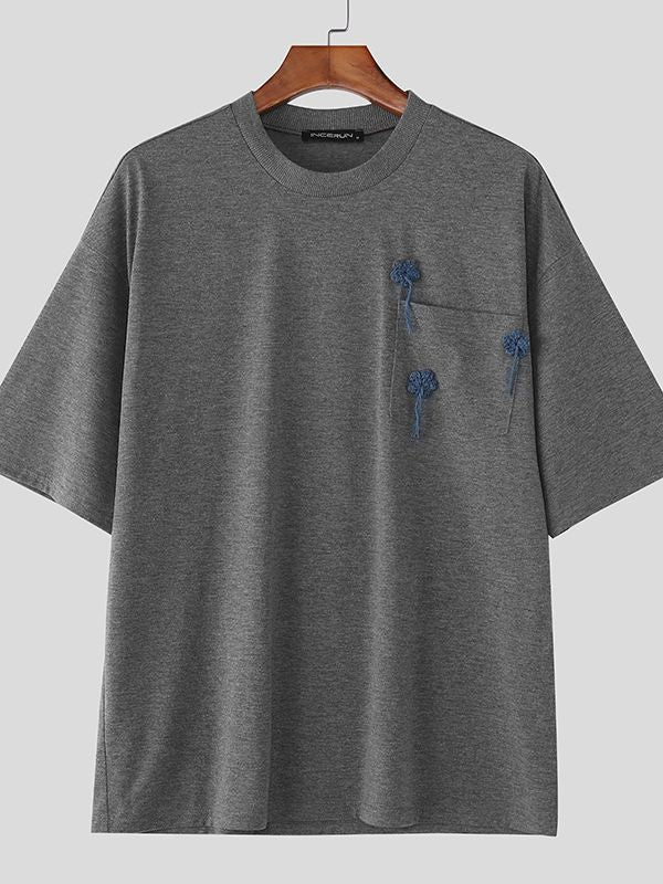 Men's Small Flower Embroidered Loose Short Sleeve T-Shirt SKUL38089