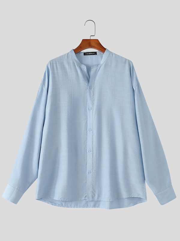 Men's Clean Casual Resort Mandarin Collar Long Sleeve Shirt SKUL79525