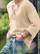 T-shirt uni à manches longues et col en V pour homme SKUJ90760