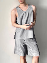 Men's Summer Vacation Metallic Shiny Ice Silk Loose Casual Two Pieces Outfit SKUL54589
