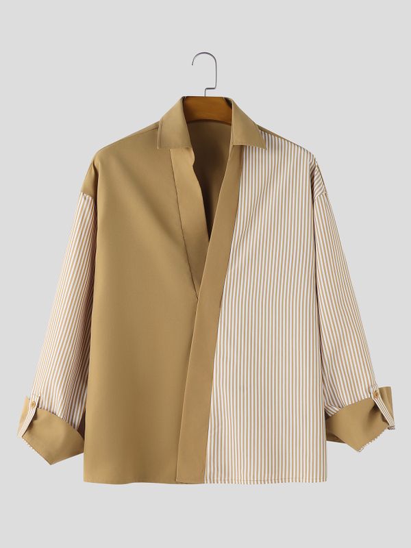 Men's High Street Urban Casual Asymmetrical Stripe Fold Cuff Long Sleeve Lapel Collar Shirt SKUL77516