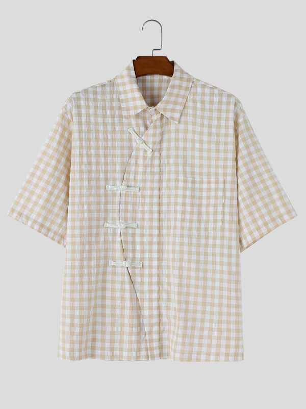 Men's Neo-Chinese Zen Gingham Plaid Frog-Button Shirt SKUL62082
