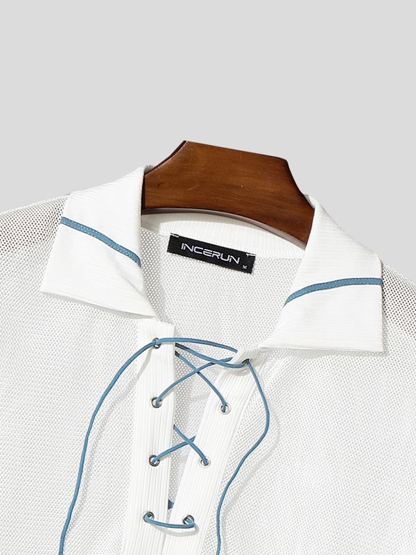 Men's Sheer Hollow Drawstring Long Sleeve Shirt SKUL47629