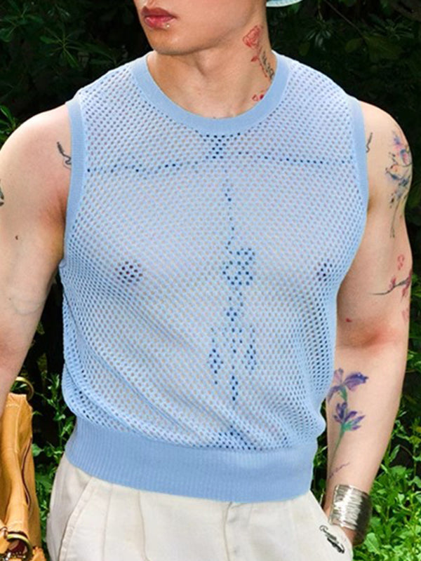Mens Sheer Mesh Hollow-Out Crew Neck Tank SKUL18803
