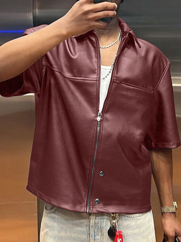 Mens Faux Leather Zip-Up Short Sleeve Shirt SKUL00889