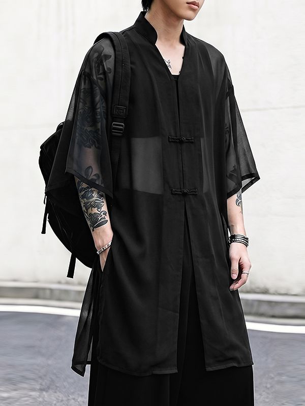 Men's New Chinese Style Sheer Chiffon Frog Button Side Split Long Kimono Shirt SKUL67204