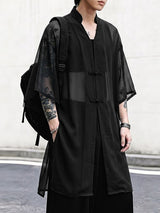 Men's New Chinese Style Sheer Chiffon Frog Button Side Split Long Kimono Shirt SKUL67204