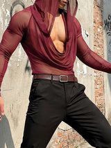 Men's Sheer Mesh Draped Neck Hooded Long Sleeve T-shirt SKUL54056