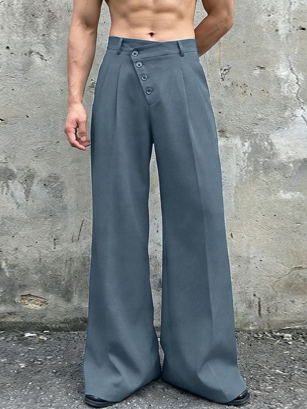 Men's Solid Color Asymmetric Placket Button Casual Pant SKUL60109