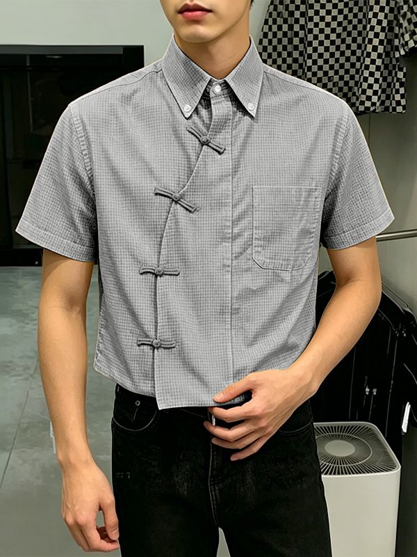 Men's Asymmetric Placket Plaid Frog Button Short Sleeve Shirt SKUL58788