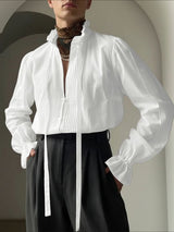 Men's Solid Color Ribbon Pleated Ruffle Long Sleeve Shirt SKUL43737