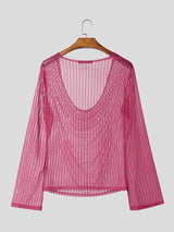 Men's Sexy Party Sheer Mesh Stripe Long Sleeve Cowl Neck T-shirt SKUL78343