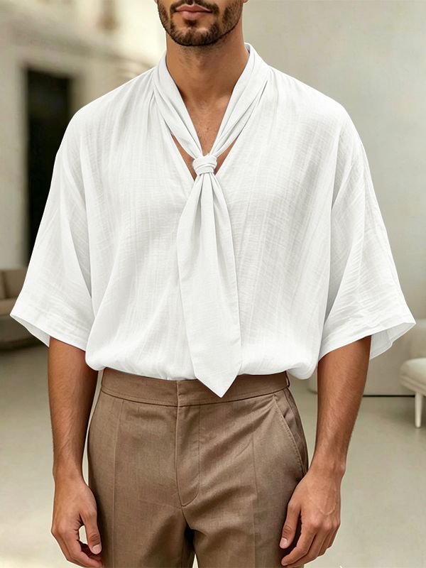 Men's Avant-Garde Tie-Neck Draped Boxy T-shirt SKUL60233