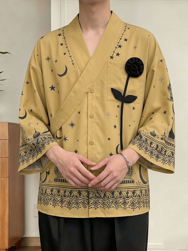 Men's Avant-Garde Starry Night & Castle Print 3D Applique Rose Short Sleeve Shirt SKUL61936
