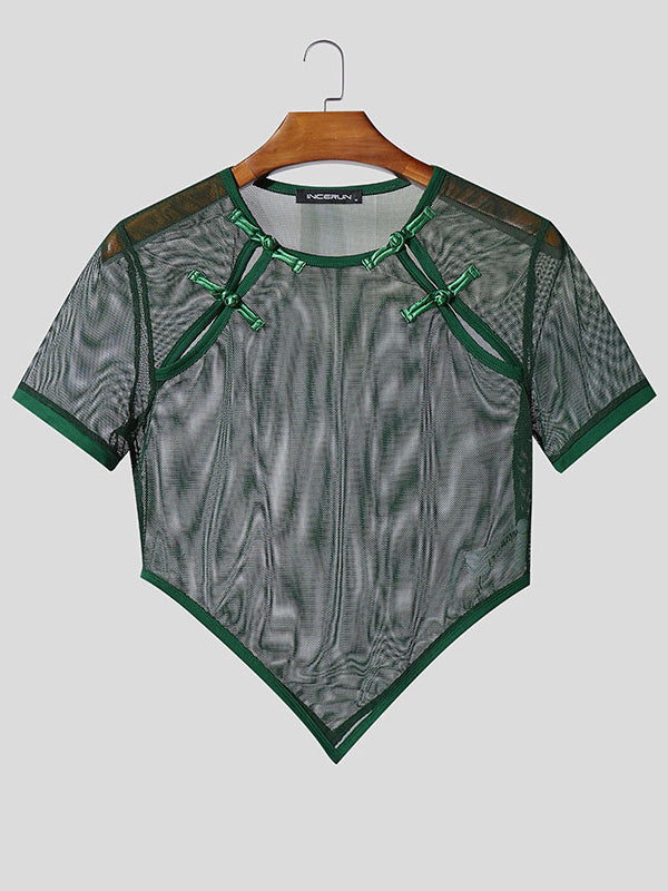 Men's Avant-Garde New Chinese Style Sheer Mesh Frog Button Pointed Hem T-shirt SKUL59967