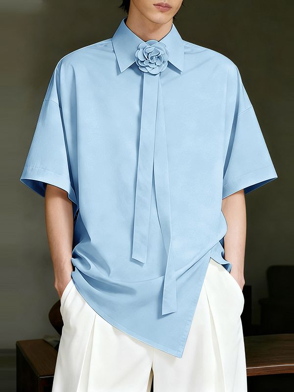 Men's 3D Floral Embellished Tie Design Short Sleeve Shirt SKUL45368