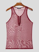 Men's Avant-Garde High Stretch Sheer Mesh Metal Chain Lace-Up Deep Scoop Neck Tank SKUL60132
