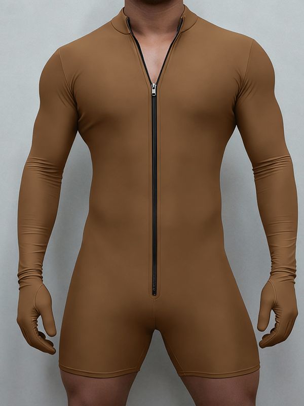 Men's Solid Color Zipper Long Sleeve Bodysuit SKUL48670