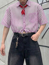 Men's Elastic Drawstring Striped Cropped Short Sleeve Shirt SKUL54659