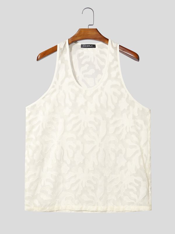 Men's Avant-Garde Semi-Sheer Burnout Botanical Pattern Tank SKUL76465