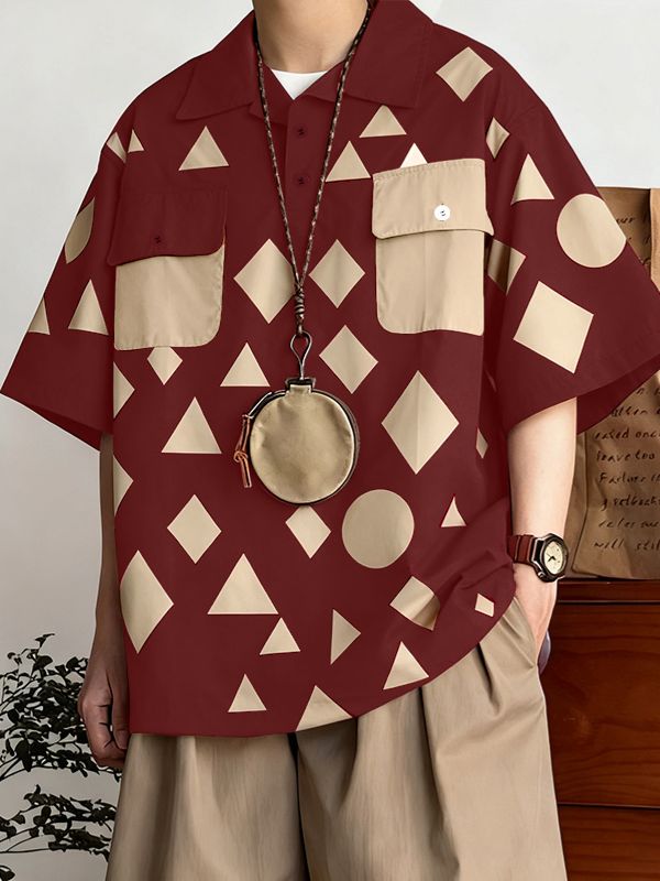 Men's Diamond Print Contrast Color Short Sleeve Shirt SKUL40099