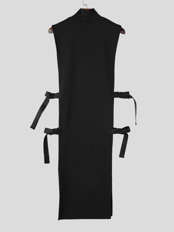 Men's Avant-Garde Darkwear Nightclub Party Side Buckle Strap High-Slit Long-Line Tank SKUL85220