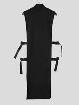 Men's Avant-Garde Darkwear Nightclub Party Side Buckle Strap High-Slit Long-Line Tank SKUL85220