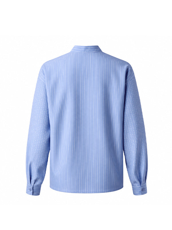 Men's Romantic Avant-Garde 3D Rose Appliqué Cropped Pinstripe Mandarin Collar Shirt SKUL79629