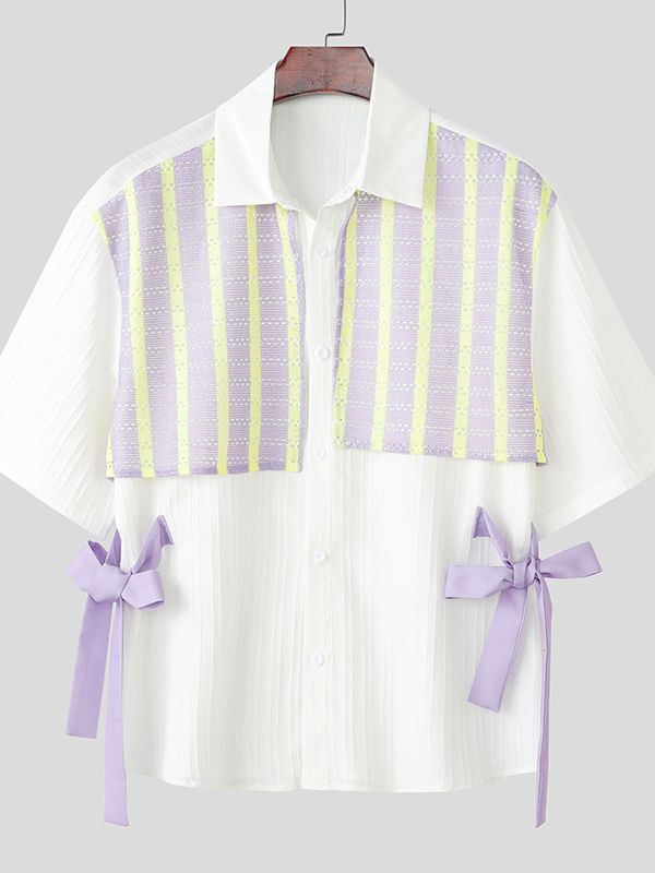 Men's Bow Patchwork Striped Half Sleeve Shirt SKUL39389