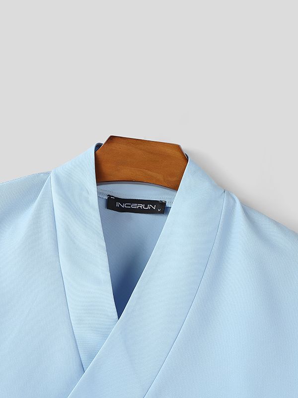 Men's Solid Color Asymmetric Placket Long Sleeve Shirt SKUL46085