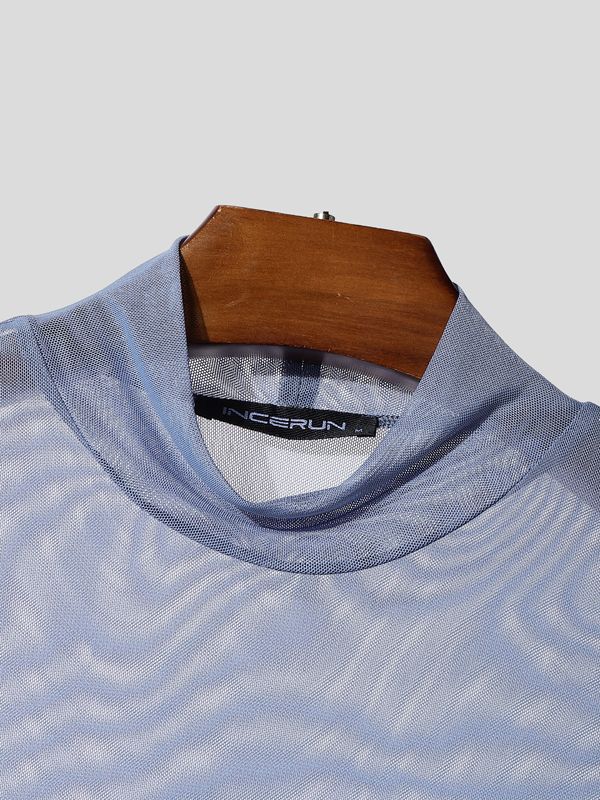 Men's Sheer Mesh High Neck Long Sleeve T-Shirt SKUL38059