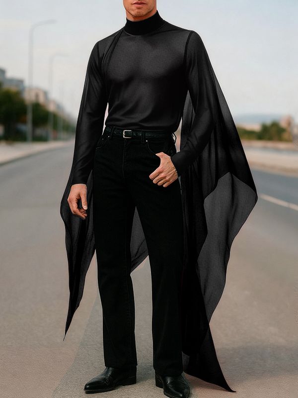Men's Deconstructed Sheer Mesh Patchwork Long Sleeve T-Shirt SKUL37667