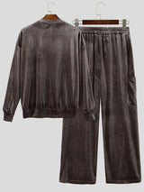 Men's Quiet Luxury Early Autumn Shimmering Velvet Henley Neck Cargo Pocket Two Pieces Outfit SKUL81067